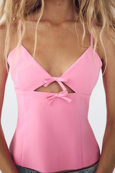 STRETCH TOP WITH CUT-OUT DETAIL AND BOWS - Fuchsia by Zara