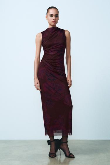 Zara DRAPED PRINTED TULLE DRESS - Burgundy - Image 0