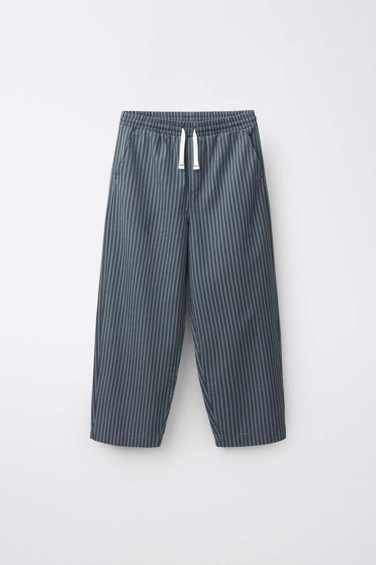 STRIPED BAGGY PANTS — Mid-blue