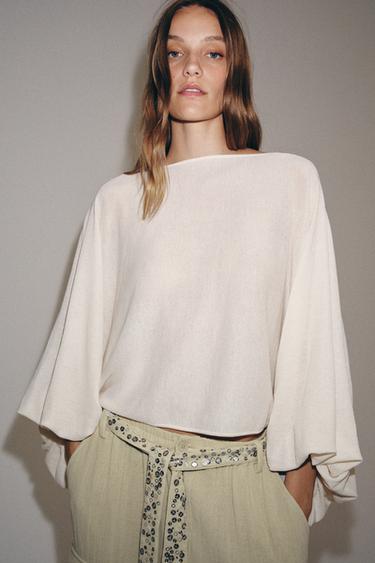 Zara KNIT TOP WITH VOLUME SLEEVES - Mid-ecru