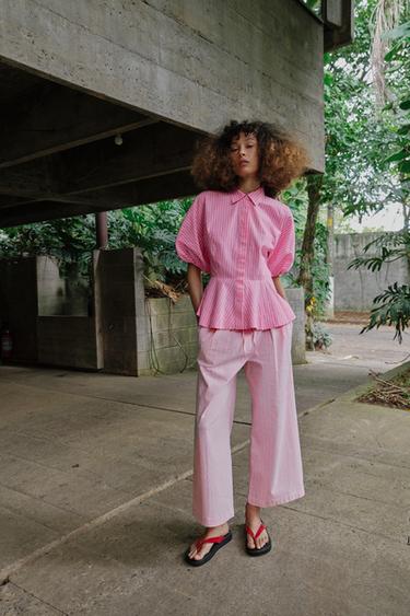 Zara 條紋府綢襯衫 - 粉紅色 - 圖片 0