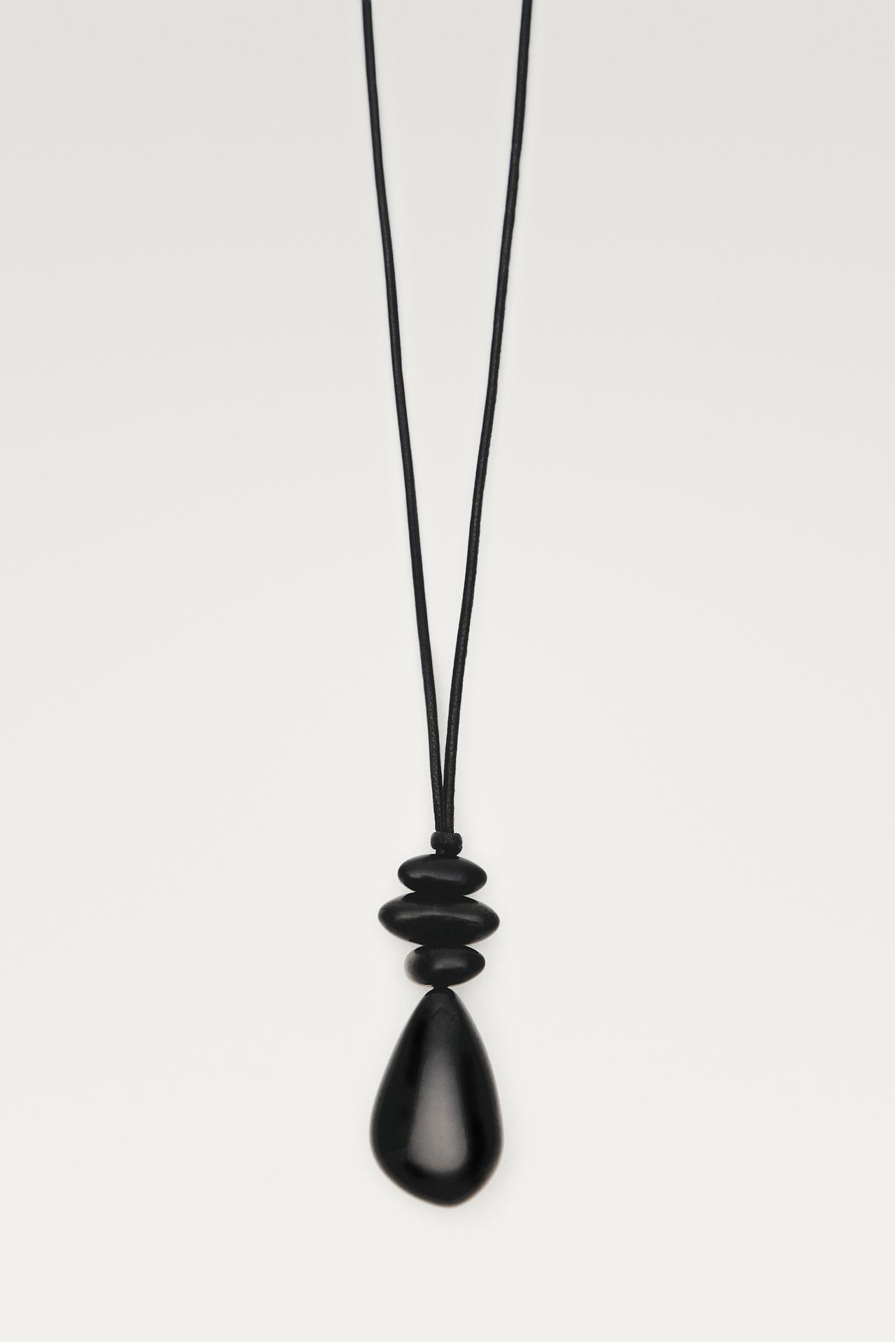 Long leather cord stone necklace — Black