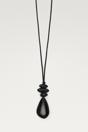 Long leather cord stone necklace — Black 1