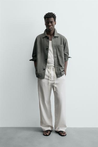 PANTALÓN RELAXED FIT CON LINO - Blanco de Zara - Imagen 0