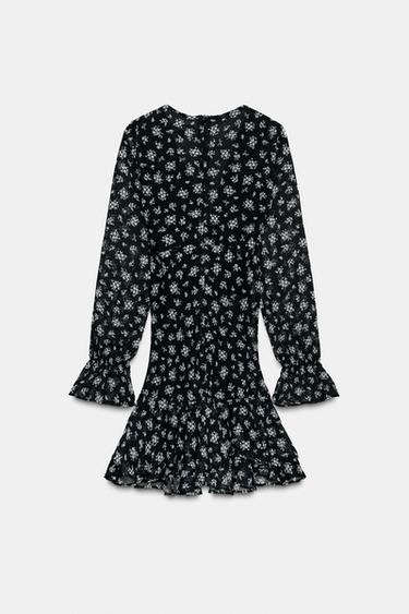 Zara RUFFLED FLORAL PRINT DRESS - Black / White