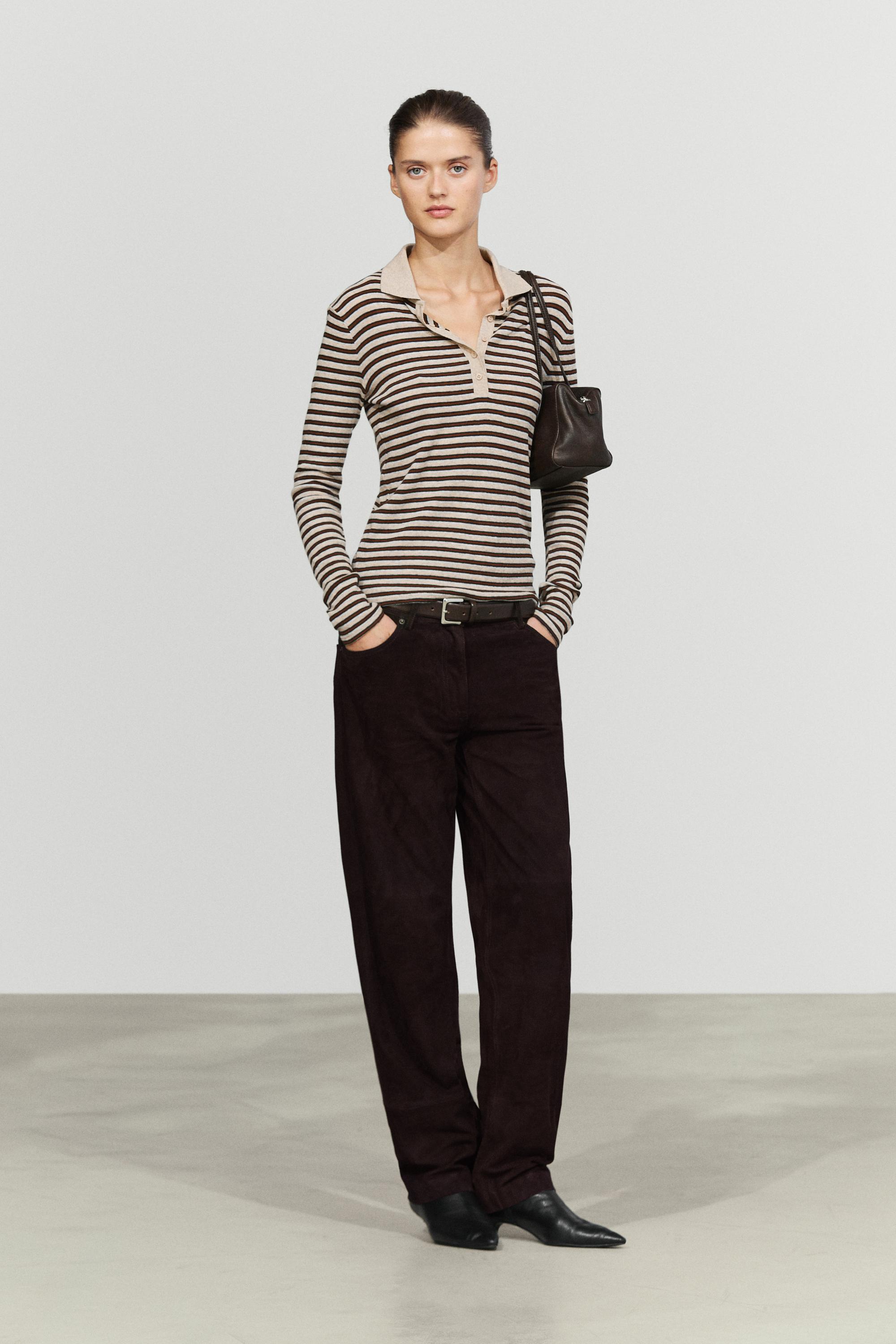 Long sleeve striped wool-blend polo