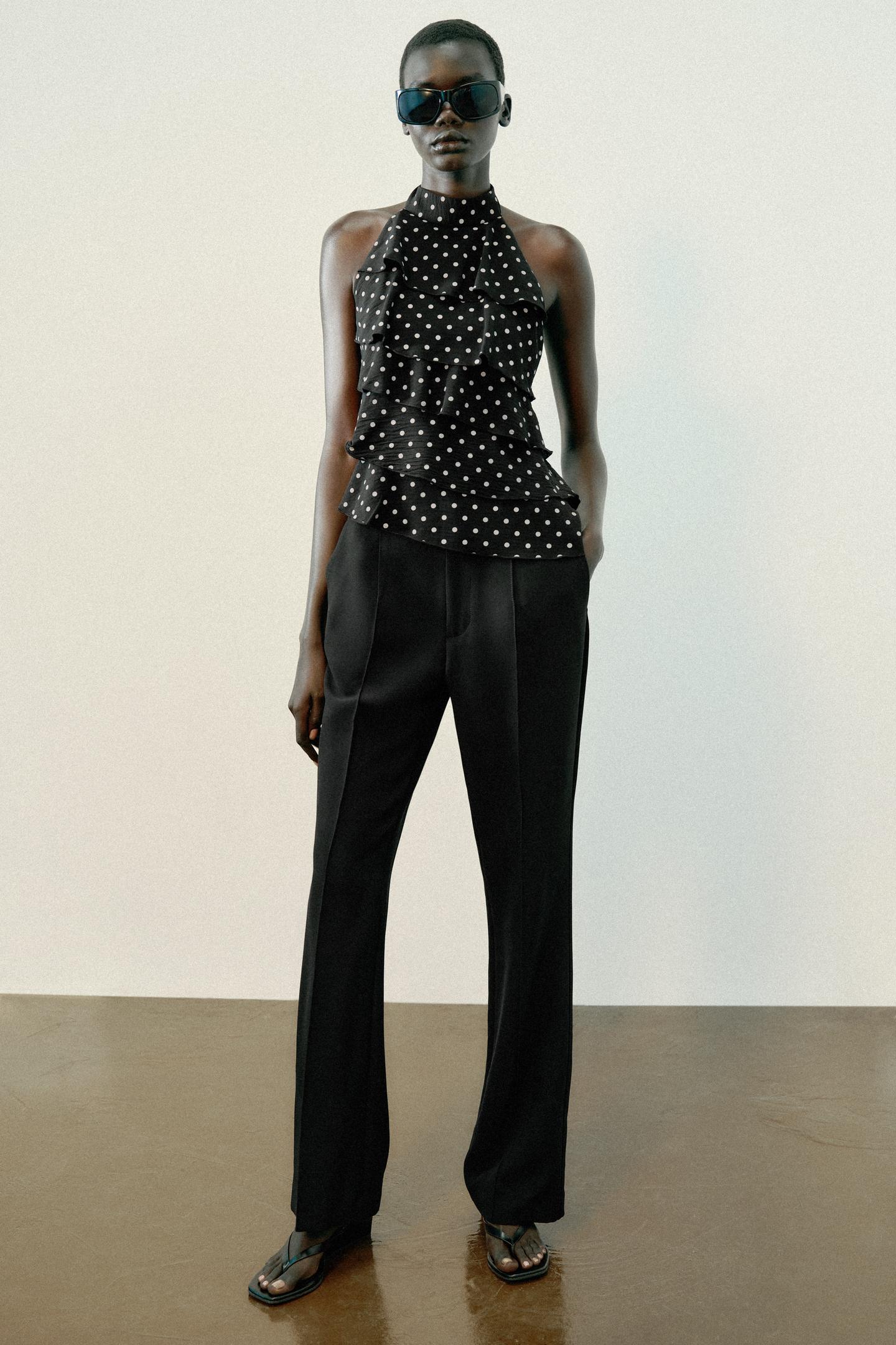 Женский топ Zara Polka Dot Ruffle Halter Top, цвет: Чёрный / Белый