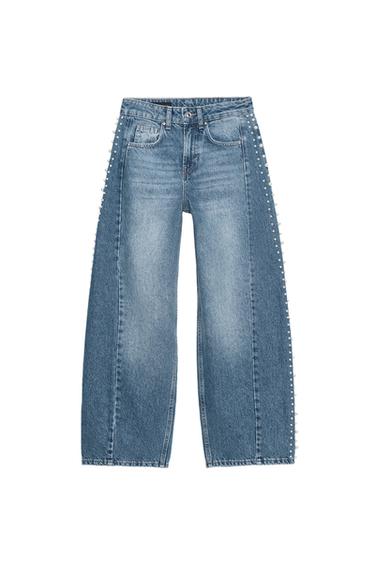 Z1975 HIGH-WAIST BARREL JEANS WITH FAUX PEARLS - Mid-blue by Zara