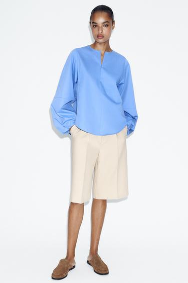 CAMISA MANGA GLOBO POPELÍN - Azul claro de Zara