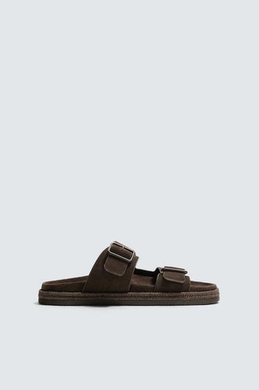 Zara DOUBLE STRAP LEATHER SANDALS - Chocolate