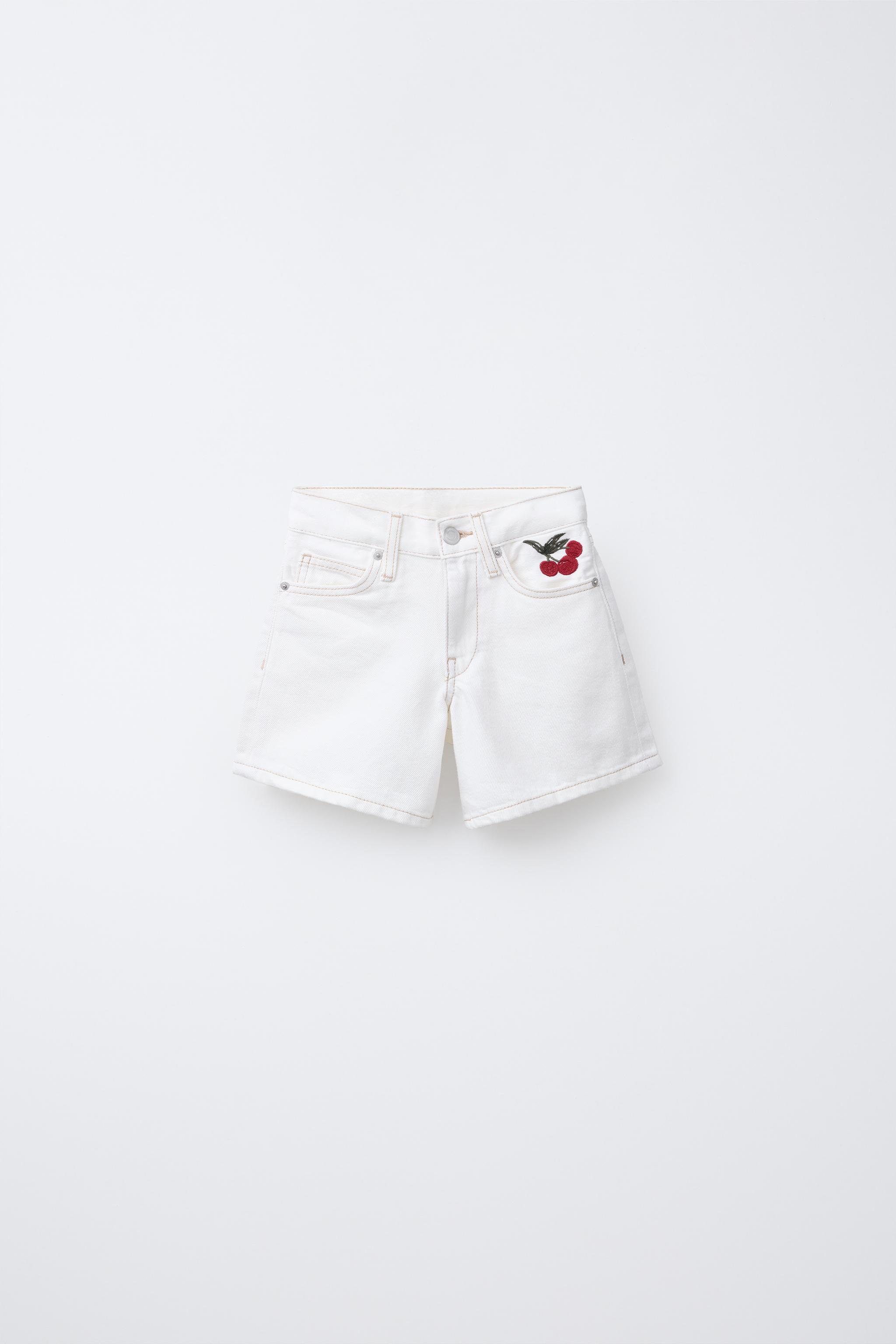 チェリー刺繍入りデニムバミューダパンツ - ホワイト | ZARA チェリー刺繍入りデニムバミューダパンツ - ホワイト | ZARA