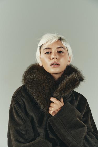 WOOL COAT WITH FAUX FUR COLLAR - Dark khaki by Zara - Image 1