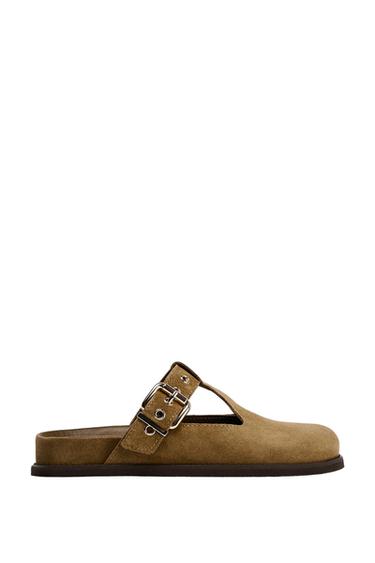 BUCKLE DETAIL SPLIT SUEDE CLOGS - Sand Brown by Zara - Image 0