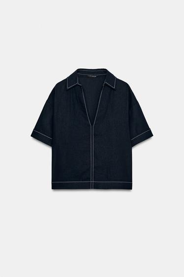 TOP LISERÉS CONTRASTÉS AVEC LIN - Bleu marine de Zara - Image 4
