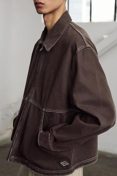CONTRAST TOPSTITCHING BOXY JACKET - Brown by Zara