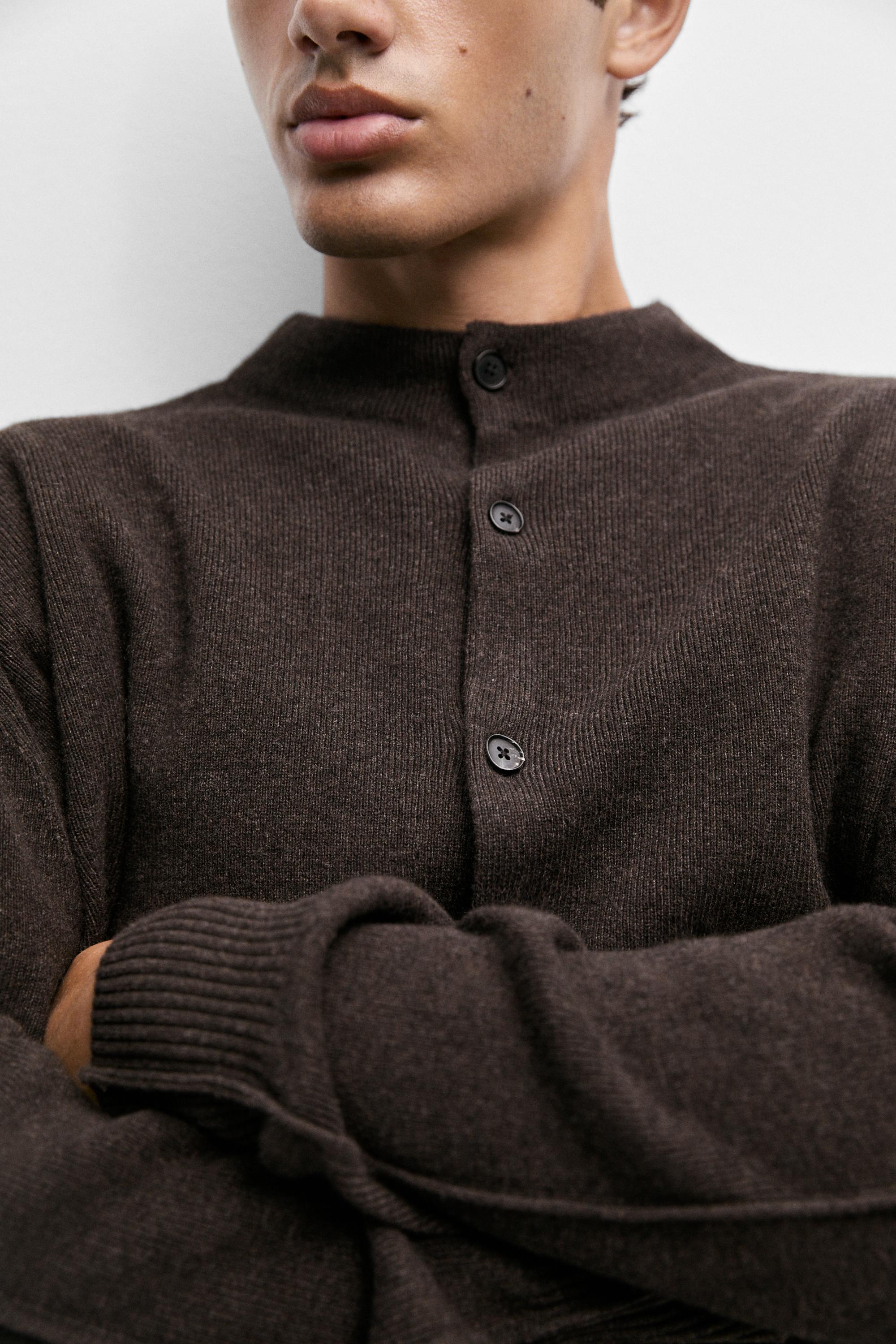 Mock-neck knit cardigan with button detail
