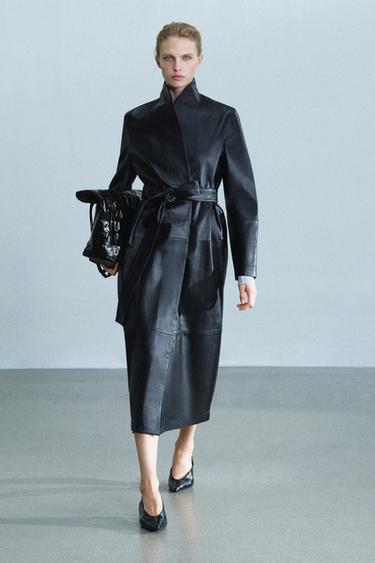 ZW COLLECTION 100% LEATHER LONG COAT WITH BELT - blue/black by Zara - Image 0