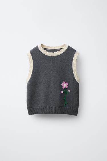 CHALECO PUNTO FLORES BORDADAS - Gris escuro de Zara