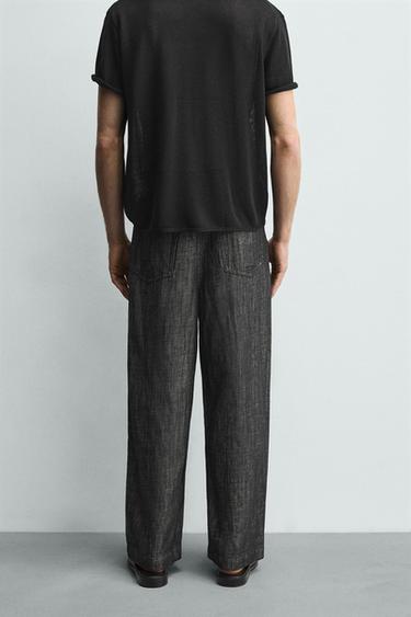 Zara RELAXED FIT COTTON - LINEN PANTS - Black / White