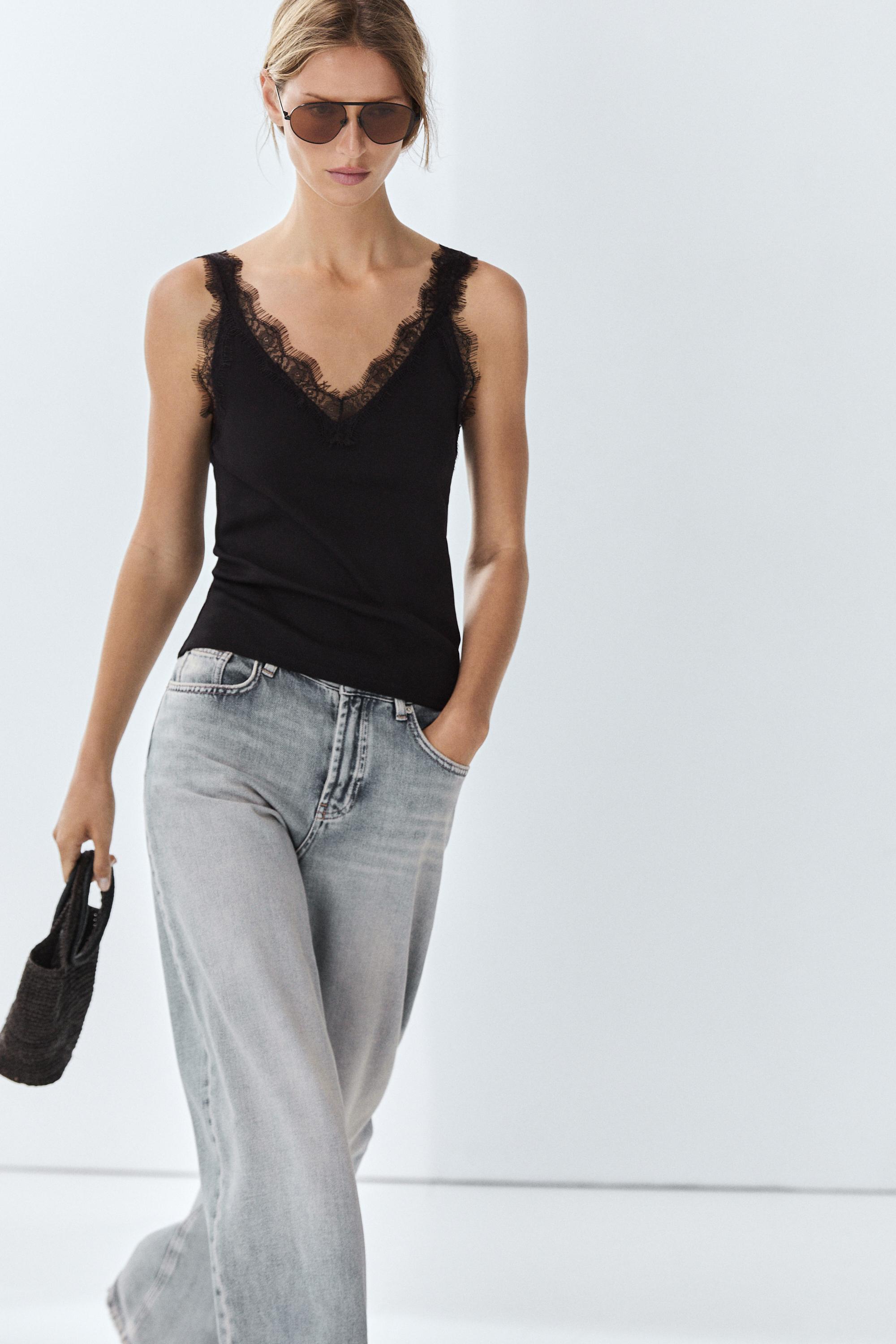 Strappy lace-trim top — Black
