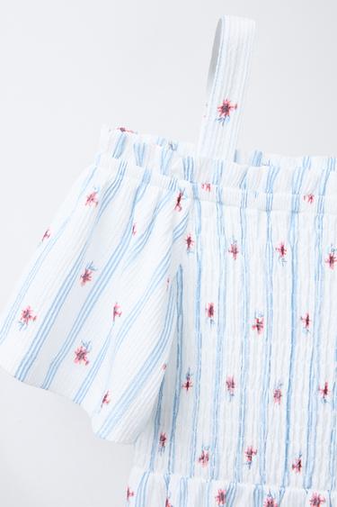 Zara TEXTURED FLORAL DRESS - Ecru / Blue