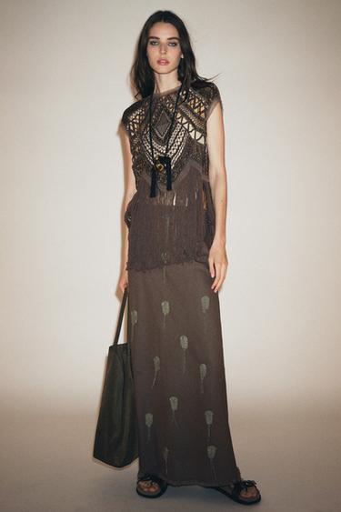 Zara ZW COLLECTION LINEN EMBROIDERED SKIRT - Gray marl