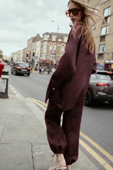 LINEN BALLOON TROUSERS - Aubergine by Zara