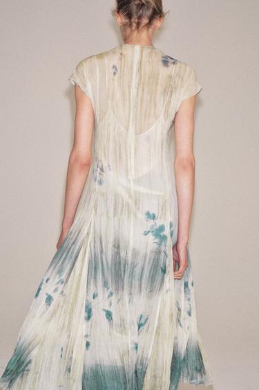 Zara ZW COLLECTION 印花中長版洋裝 - 裸色 / 藍色