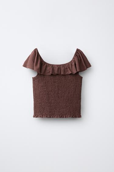 TOP CON LINO NIDO DE ABEJA - Marrón de Zara