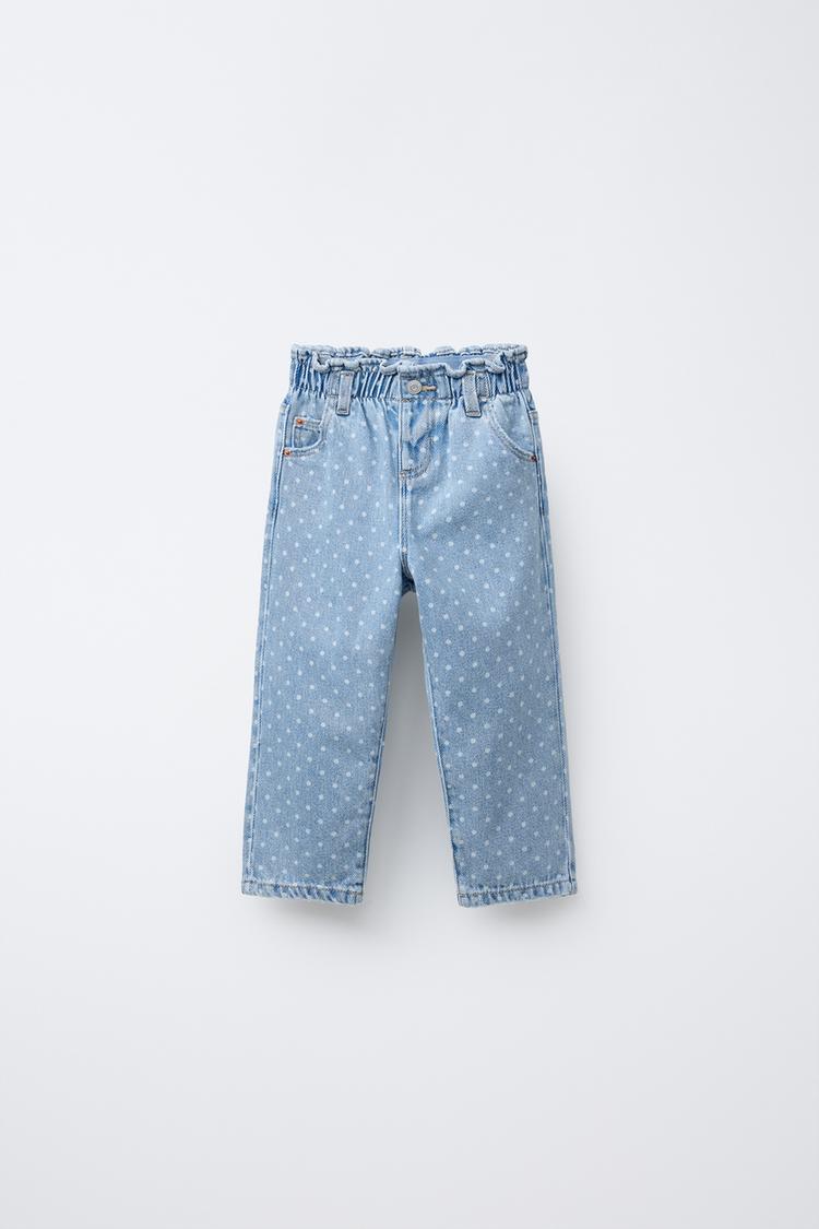 POLKA DOT DENIM PAPERBAG TROUSERS Mid-blue ZARA India