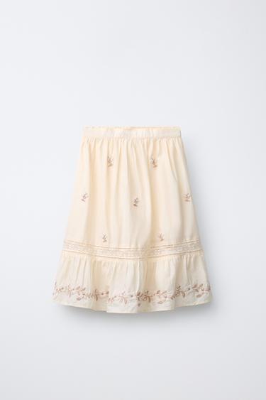 Zara EMBROIDERED MIDI SKIRT - Ecru