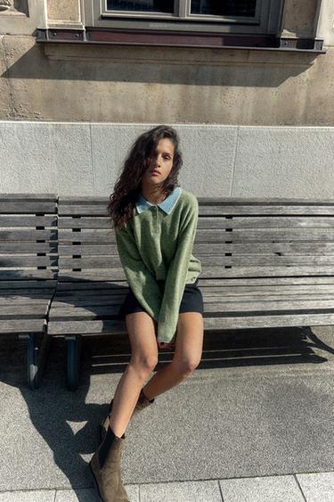 CONTRAST KNIT POLO SWEATER - Green by Zara
