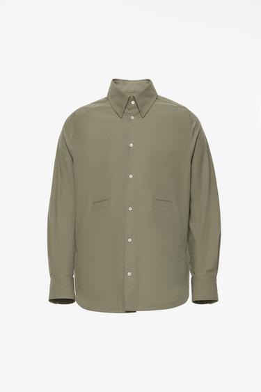 LIMITED EDITION STRIPED SHIRT WITH CONTRAST COLLAR — Olive green 1