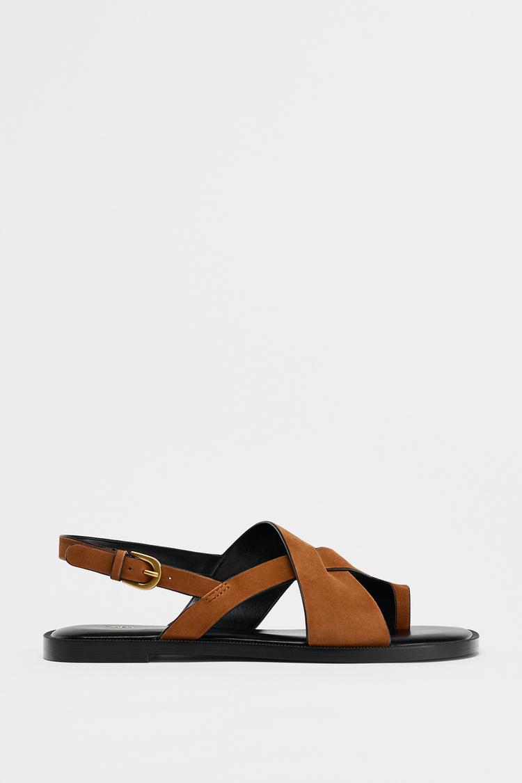 FLAT SPLIT SUEDE STRAPPY SANDALS - Brown by Zara - Image 1