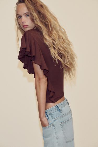 T-SHIRT WITH RUFFLE SLEEVES - Brown by Zara - Image 2