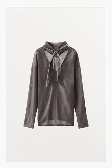 Zara STRIPED SHIRT WITH BOW - Gray