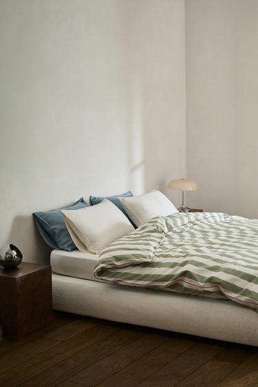 VERWASSEN KATOENEN DEKBEDOVERTREK MET STREPEN - Groen van Zara