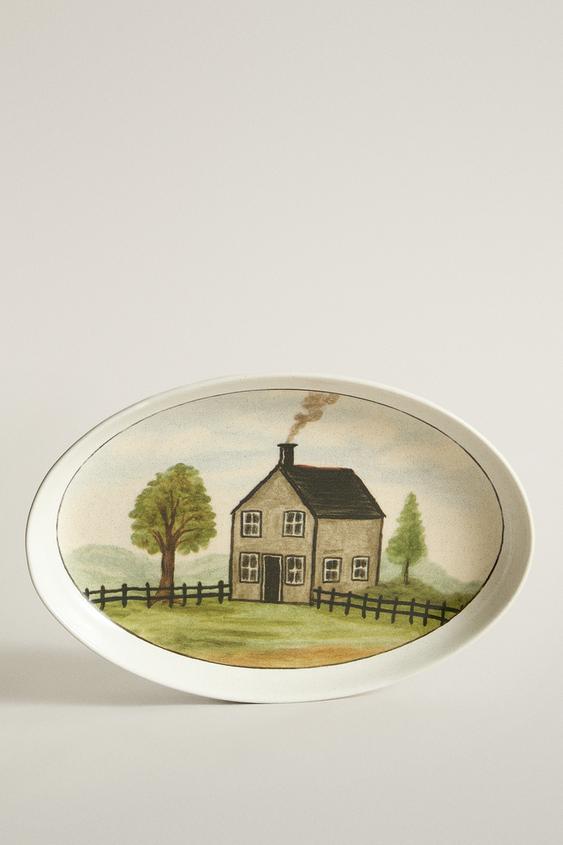 Stoneware serving dish with little house - Blue grey by Zara - Image 0