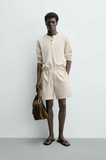 Zara 標準版紋理短褲 - 淺米色 - 圖片 0