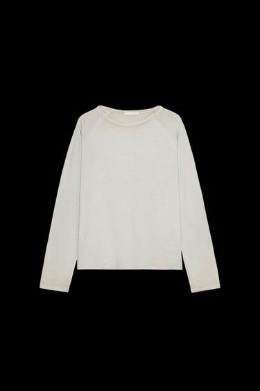 Zara WASHED LONG SLEEVE T-SHIRT - Sand