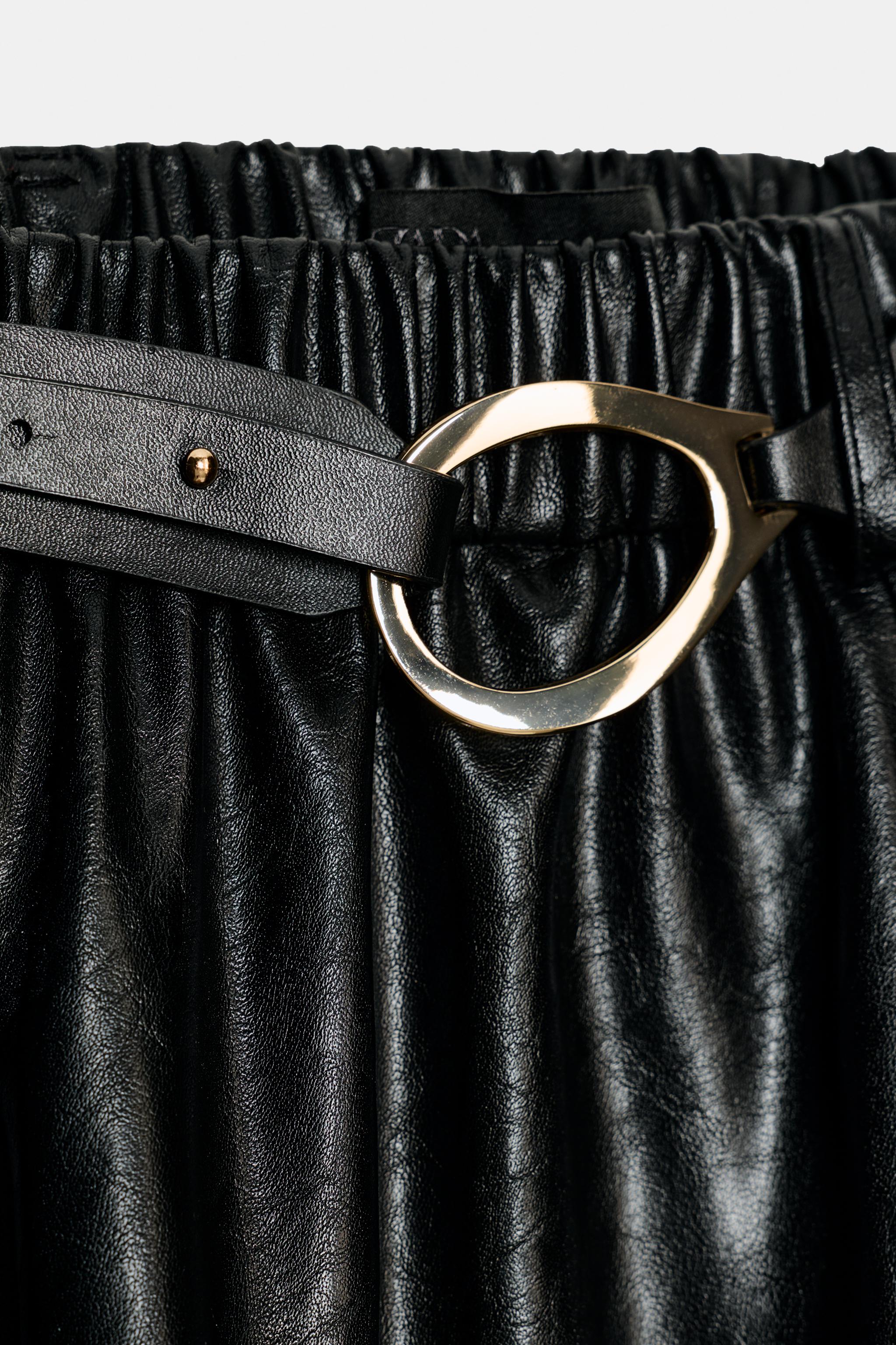 FAUX LEATHER LAYERED BELTED MIDI SKIRT