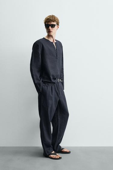 PANTALON COUPE LARGE À PLIS 100% CHANVRE - Bleu marine foncé de Zara - Image 3