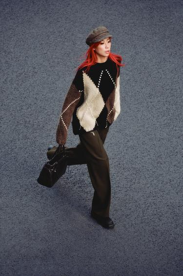 Zara 菱格紋針織衫 - 黑色 / 裸色