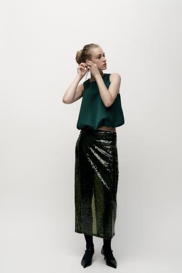 SATIN BALLOON TOP - Bottle green by Zara - Image 0