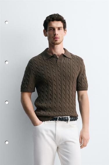 Zara BRAIDED KNIT TEXTURED POLO - Chocolate