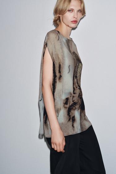 Zara BEADED PRINT TOP - Multicolored