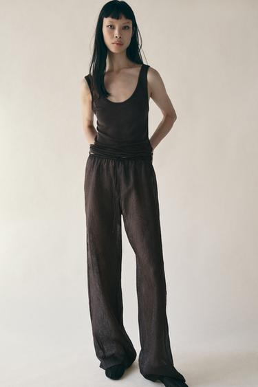 SEMI-SHEER CRINKLED TROUSERS - Brown by Zara - Image 0