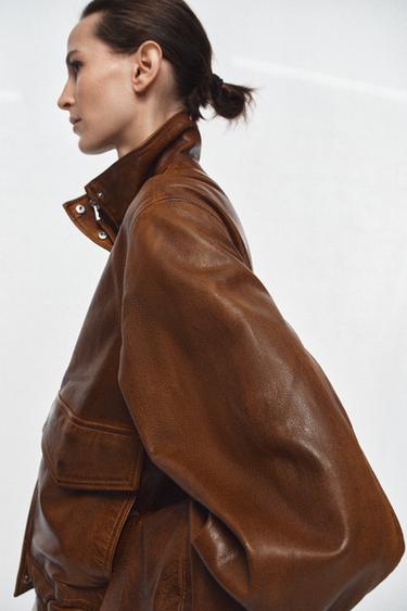 Zara 100% LEATHER BOMBER JACKET ZW COLLECTION LIMITED EDITION - Brown