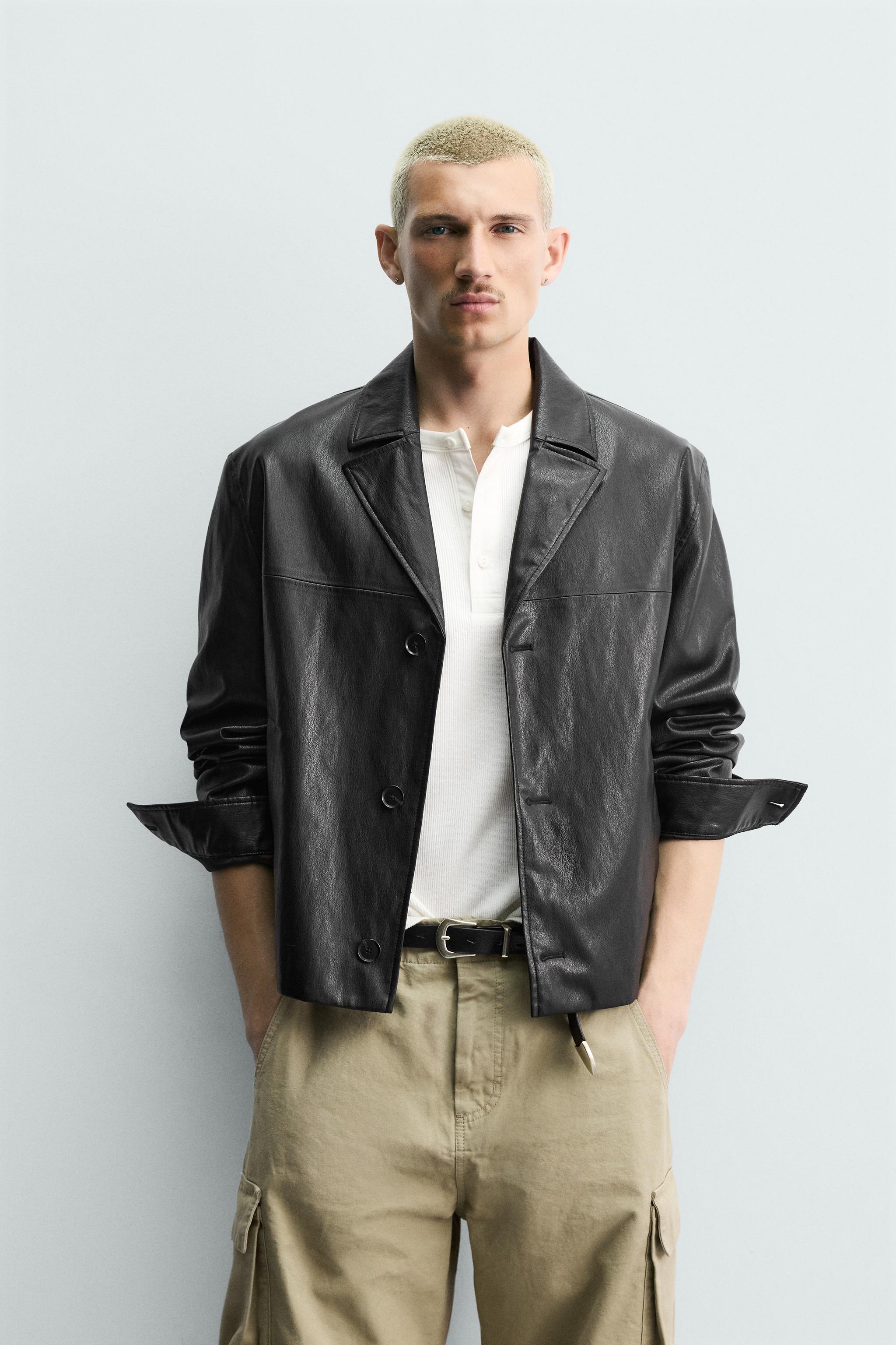 CROPPED FIT LEATHER EFFECT JACKET — Black