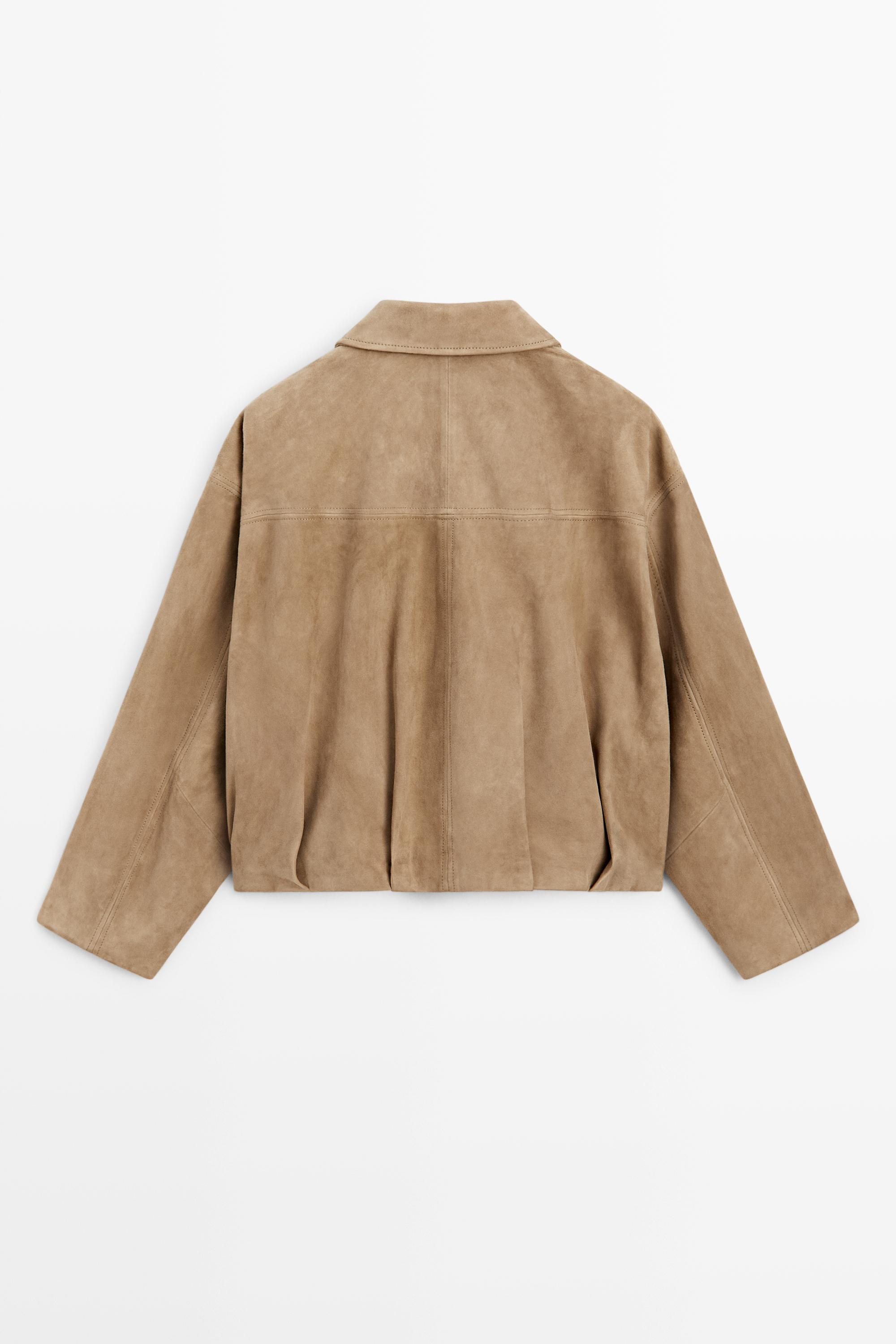 Blouson bomber plissé en cuir et daim